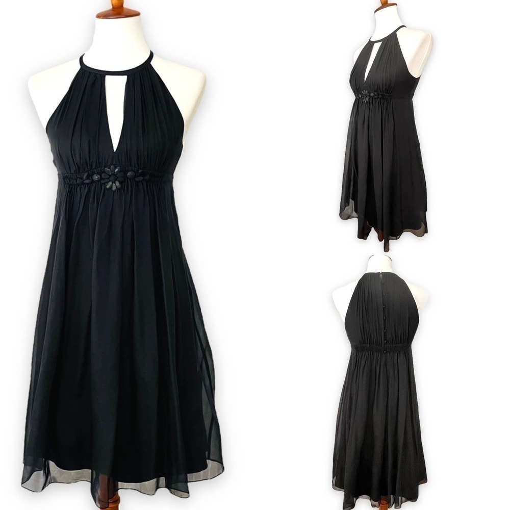 Rebecca Taylor Women's Black Silk Keyhole Cutout Halter Neck A-line Dress Size 4